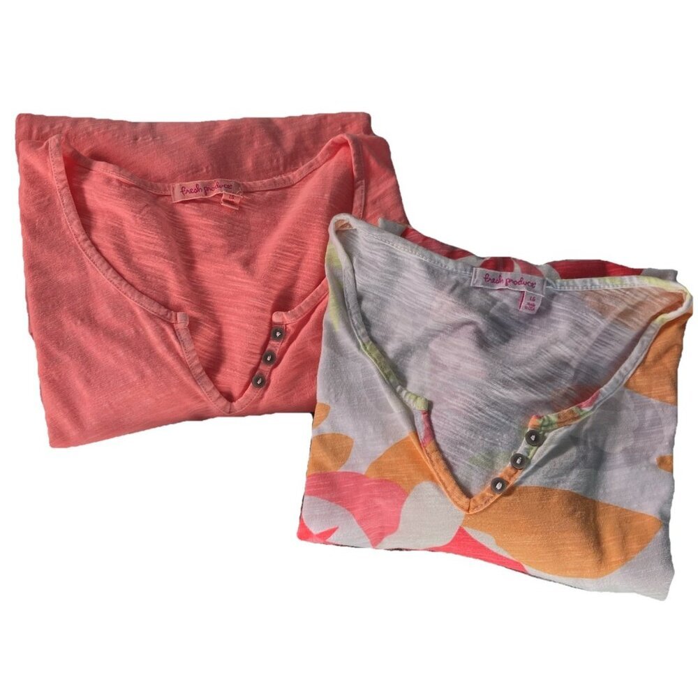 Fresh Produce T-shirt Womens L Floral Neon‎ 3/4 Sleeve Top Bundle Lot of 2 USA